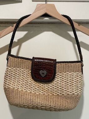 Brighton Woven Straw Shoulder Bag with Brown Leather Trim